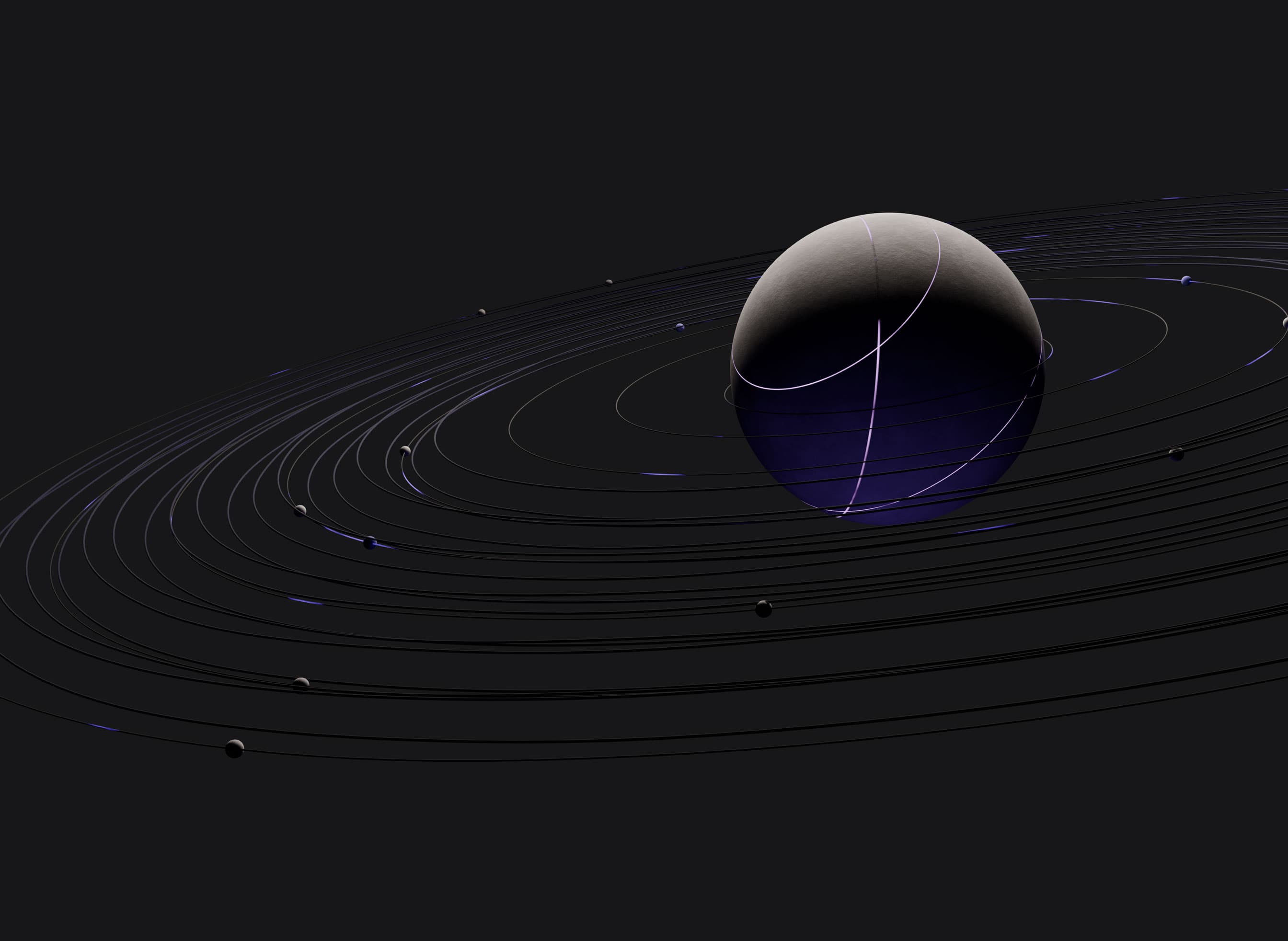 Ein Planet mit mehreren abstrakten Ringen. Der Planet hat leuchtende einkerbungen.